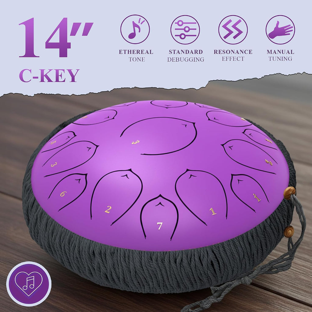 Steel Tongue Drum 14 inch with Carry Case, harmonic lotus 15 Note C-Tuned – Includes 2 Soft Mallets & Instruction Booklet – Ideal for Meditation, Sound Healing, and Relaxation - Red
