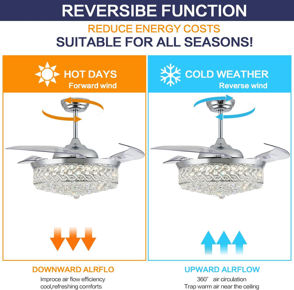 DuMaiWay 52' Dimmable Chandelier Ceiling Fan, Fandelier, Modern Crystal Retractable Invisible Blade LED Lighting with Remote Control for Bedroom Dining Room Living Room 6 Speed