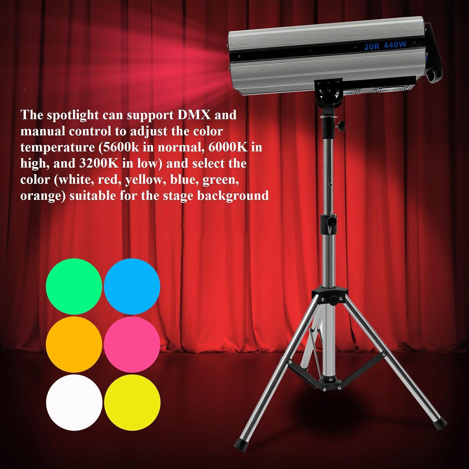 CNCEST 440W LED Stage Spotlight LED Follow Spotlight with Stand for Party Disco Wedding,Dual Control Stage Light Adjustable Aperture,3.94-4.99FT Height 6 Colors (440, Watts)