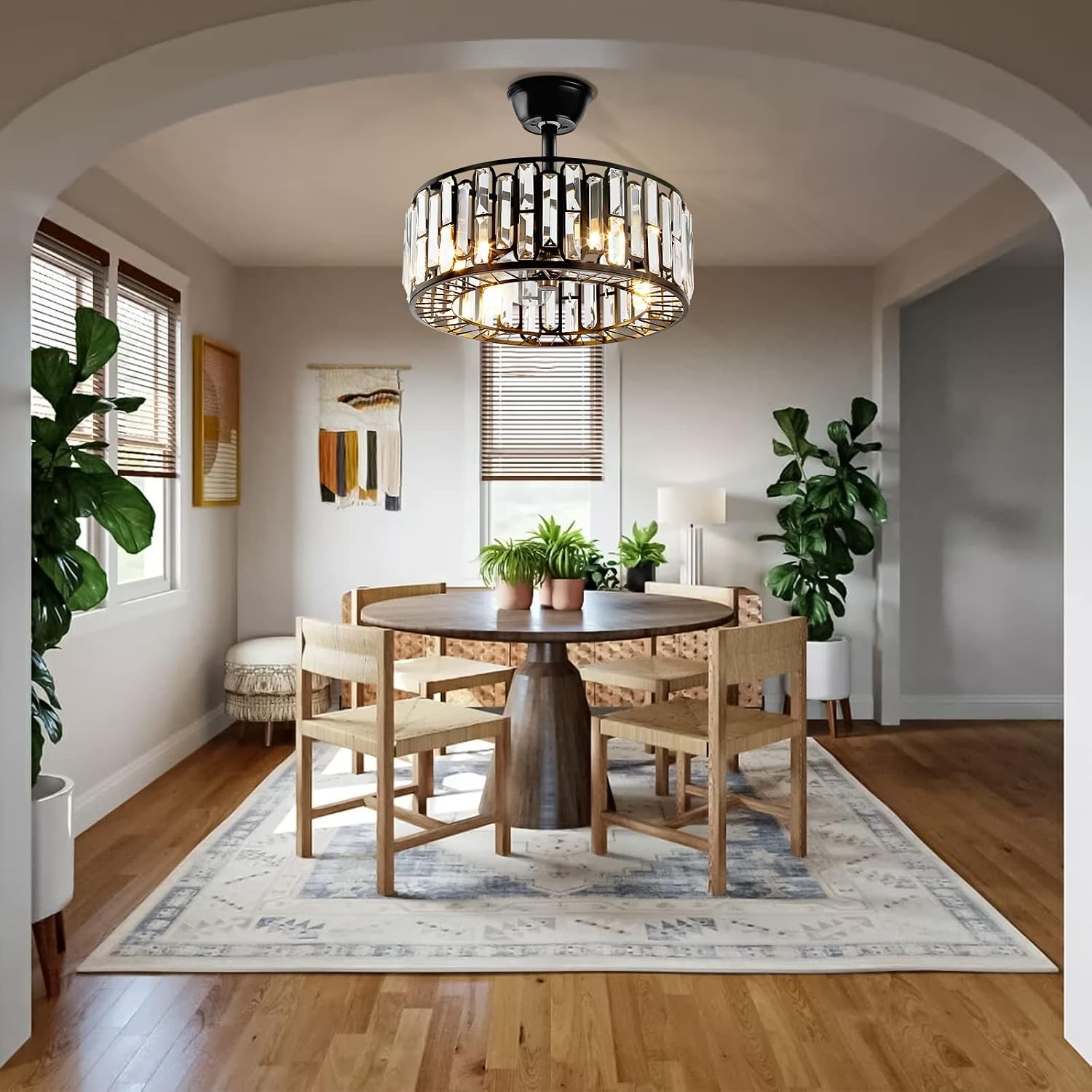 18' Modern Enclosed Bladeless Ceiling Fan with Light and Remote, Industrial Black Caged Fandelier 3 Speeds Timer Crystal Chandelier Fan for Farmhouse Kitchen Island