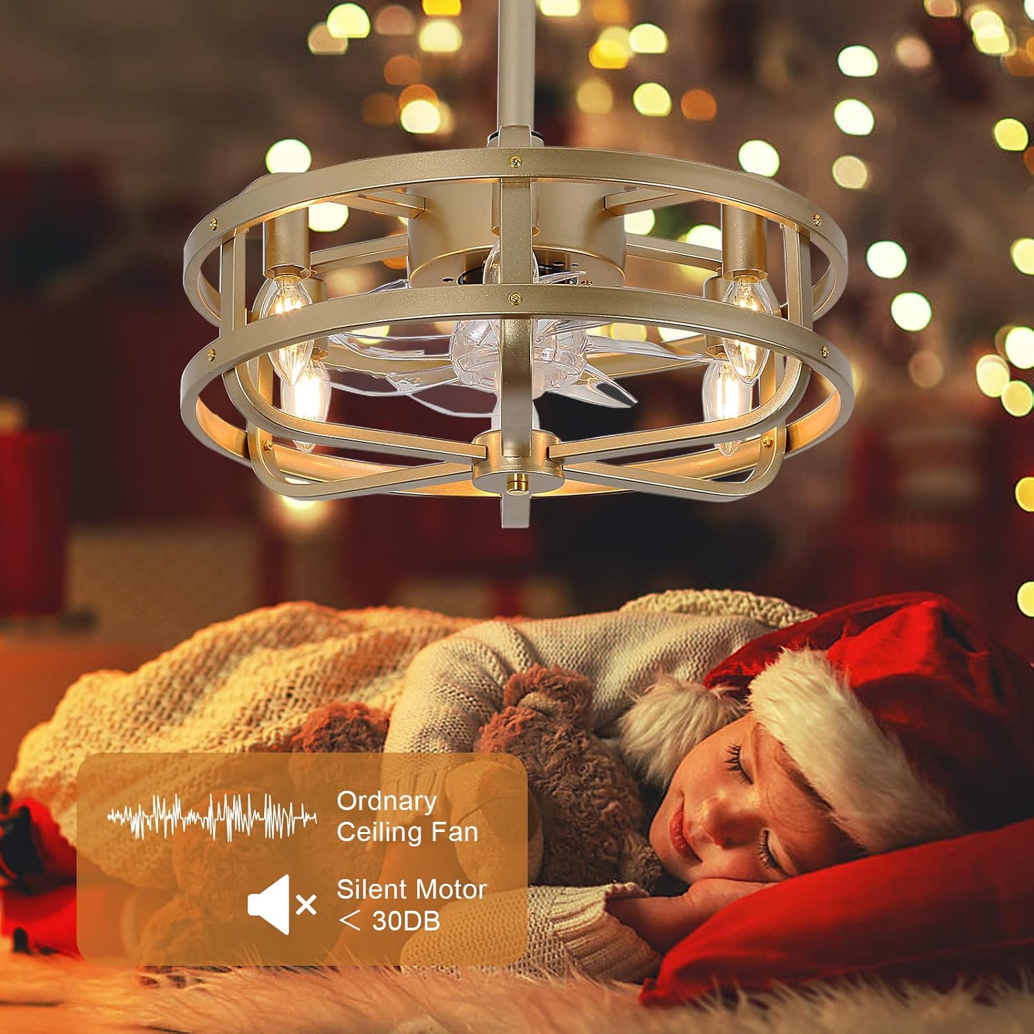 18' Gold Bladeless Ceiling Fan with Light, Caged Fandelier with Remote Control, 6-Speed Reversible Motor, Low Profile for Bedroom, Kitchen, Dining Room