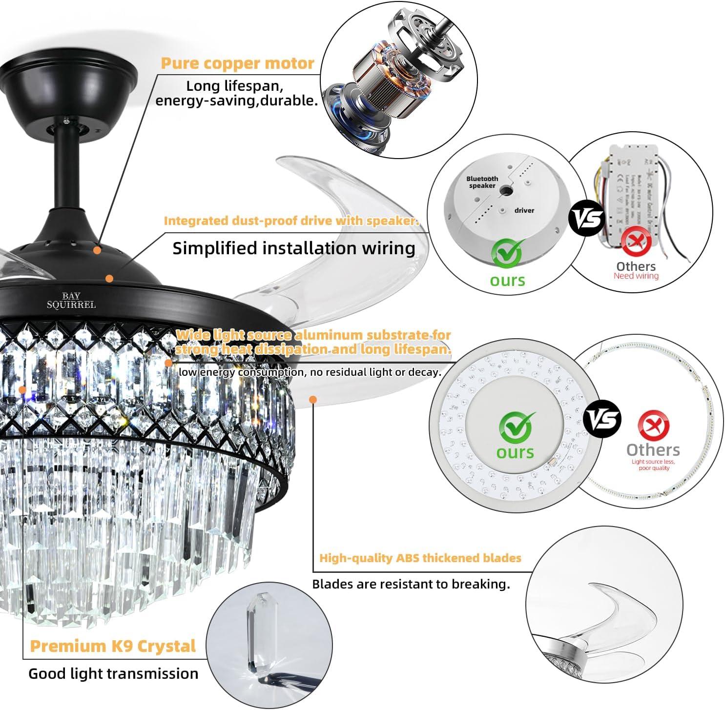 BAYSQUIRREL Retractable Crystal Ceiling Fan with Lights, Bluetooth Ceiling Fan with Speaker, 6-Speed Reversible Blades, RGB-LED Light, Low Profile Modern Fandelier Fan for Bedroom Living Room 42'
