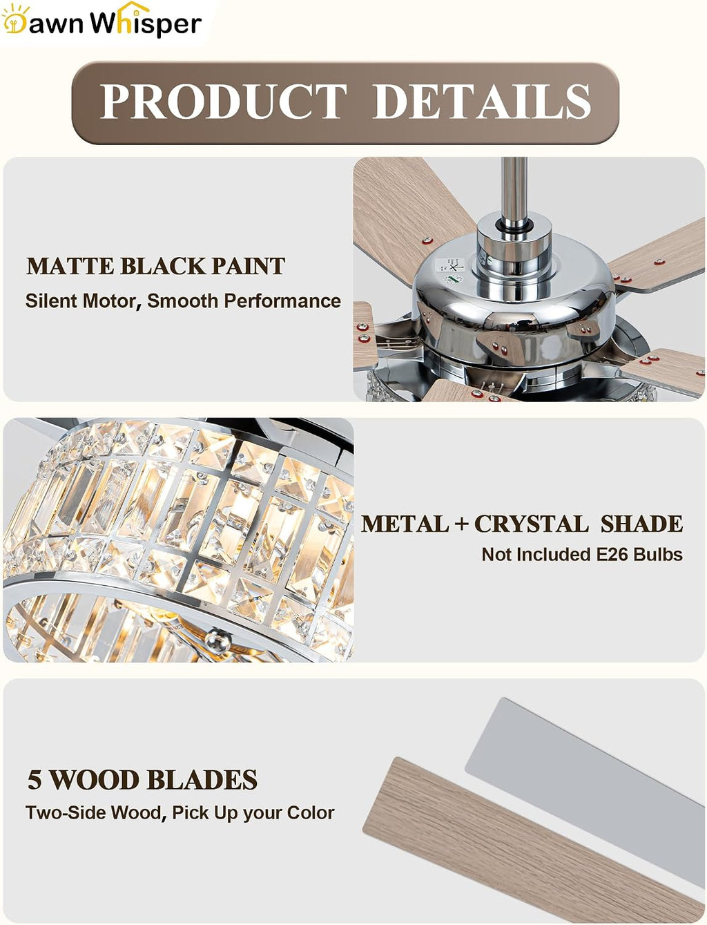Dawn Whisper 52 Inch Modern Ceiling Fans with Lights Low Profile Silver Crystal Fandelier Ceiling Fans with Remote for Living Room Bedroom Kitchen Quiet Reversible DC Motor 6 Speeds Dual Finish