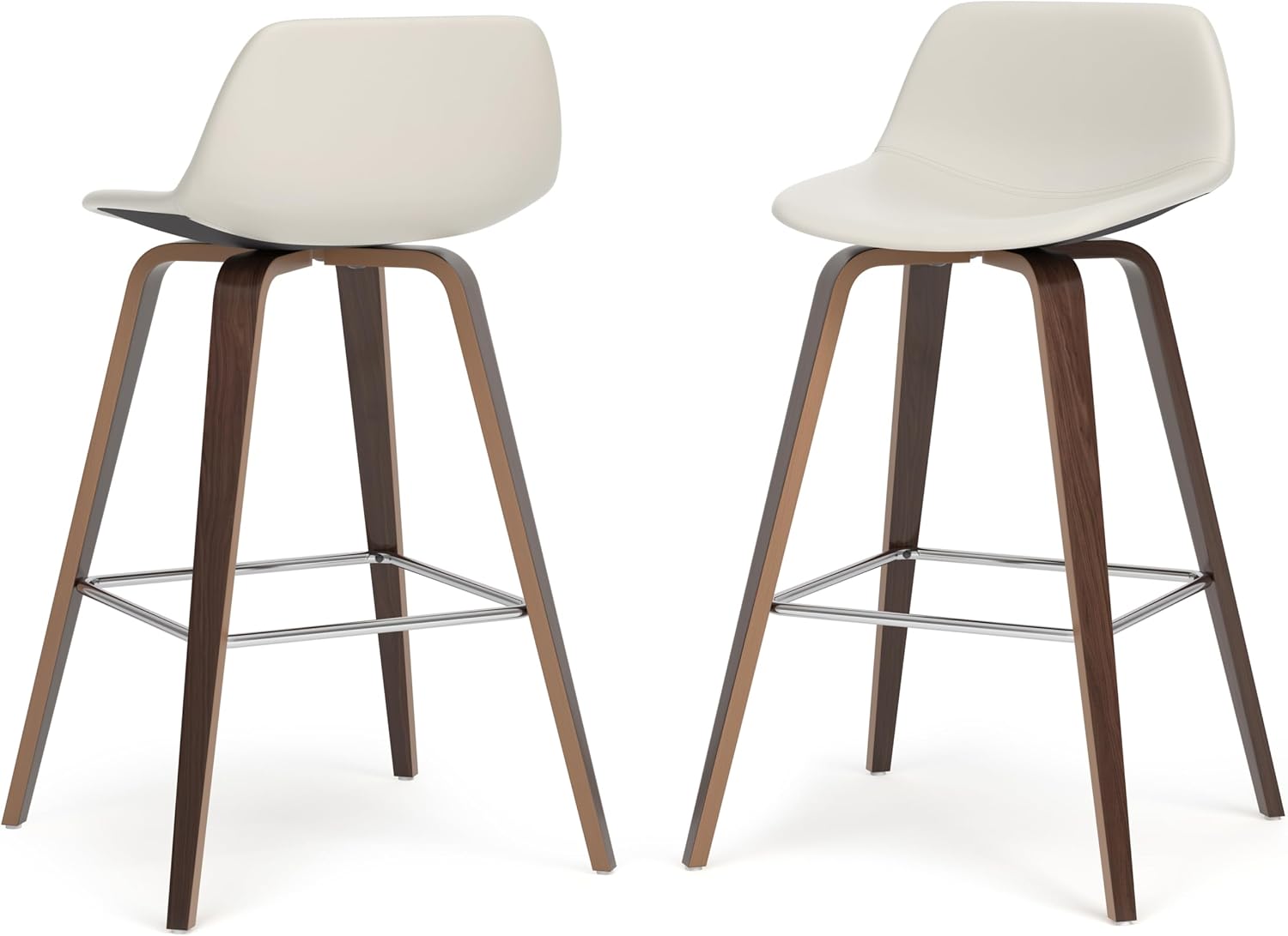 SIMPLIHOME Randolph Counter Stools (Set of 2) - 28 Inch Seat Height Upholstered Bentwood Bar Stools in Cream PU Faux Leather, Mid Century Modern Seating with Curved Backrest and Chrome Footrest