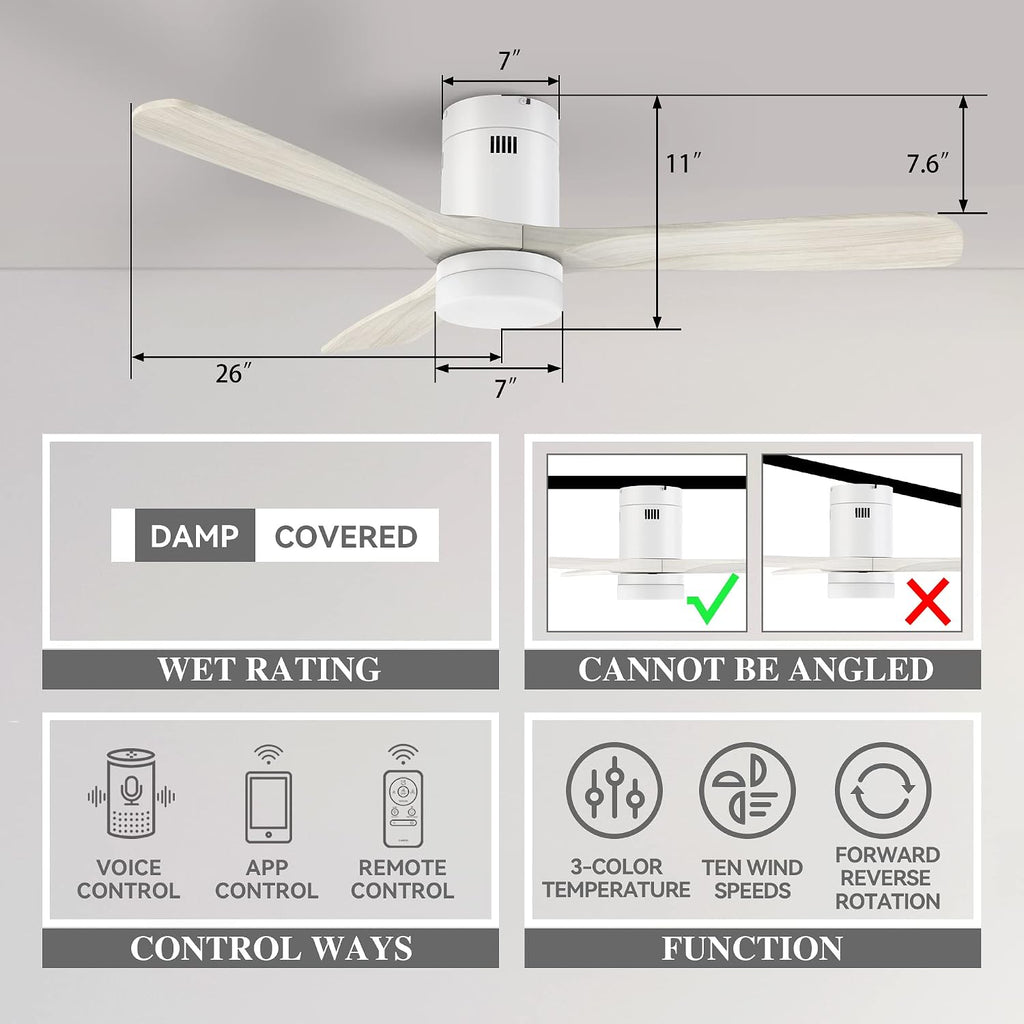 SMAAIR 52 Inch Flush Mount Smart Ceiling Fan with Dimmable Led Light, 3 Carved Wood Blades Modern Low Profile Ceiling Fans Compatible with Alexa,Remote Control,Timer & Schedule Function,White