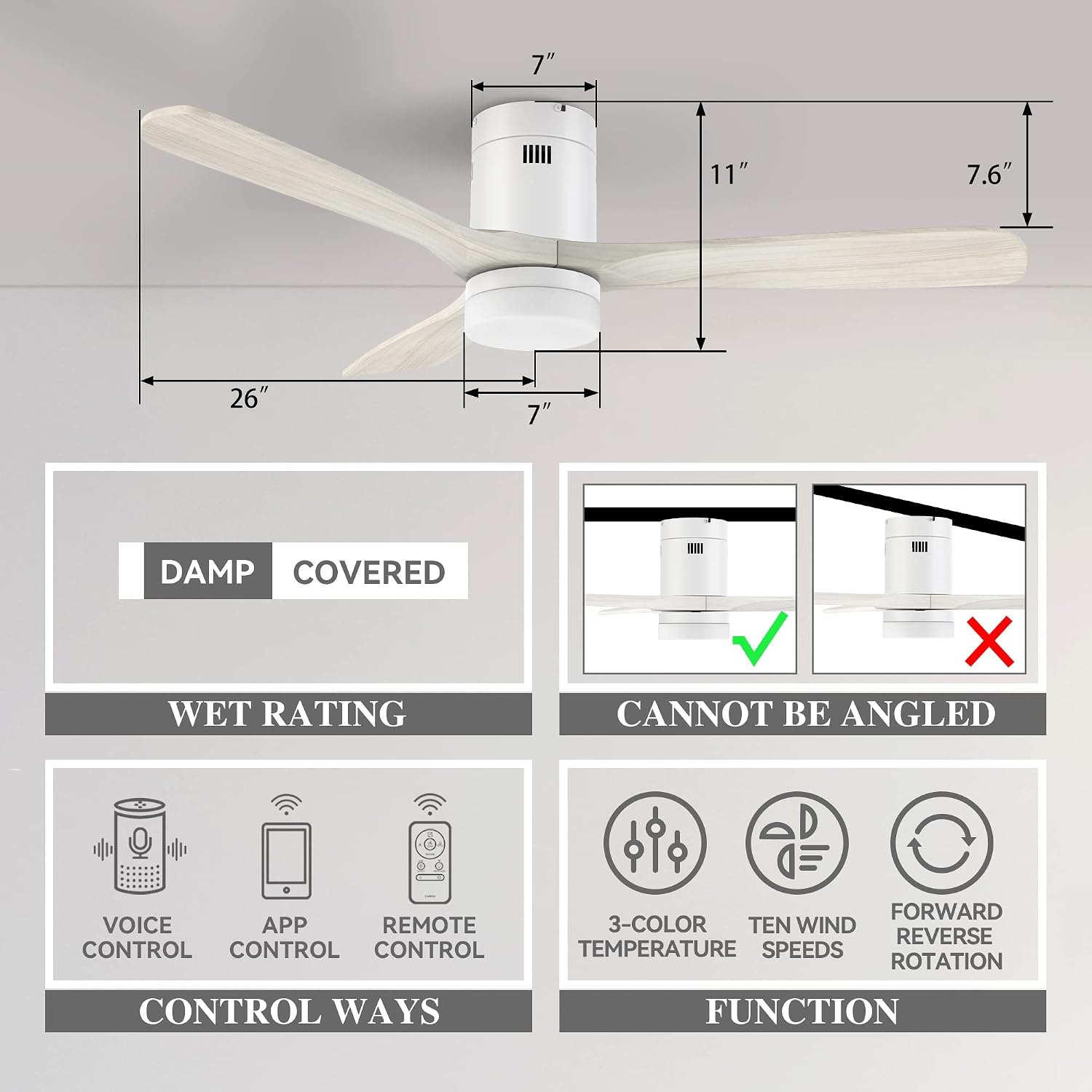 SMAAIR 52 Inch Flush Mount Smart Ceiling Fan with Dimmable Led Light, 3 Carved Wood Blades Modern Low Profile Ceiling Fans Compatible with Alexa,Remote Control,Timer & Schedule Function,White