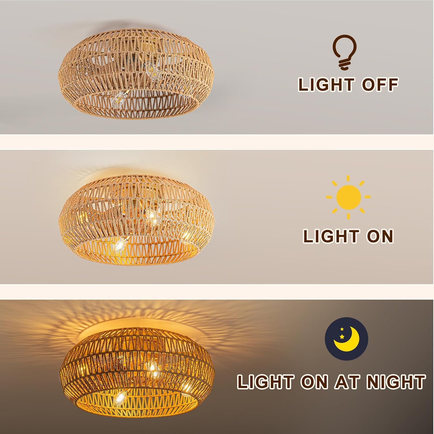 20' Boho Ceiling Fans with Lights (Bulbs Included), Low Profile Caged Ceiling Fan with Light and Remote, Rattan Flush Mount Ceiling Fan with 8 Reversible Blades for Bedroom, Living Room