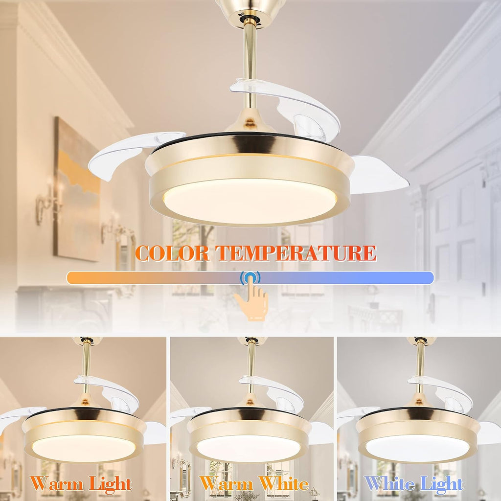 Bella Depot Retractable Ceiling Fan with Lights and Remote with 3 Color Change, Timing Options, Silent Noiseless for Dining Room Bedroom Kitchen (Gold, 36')