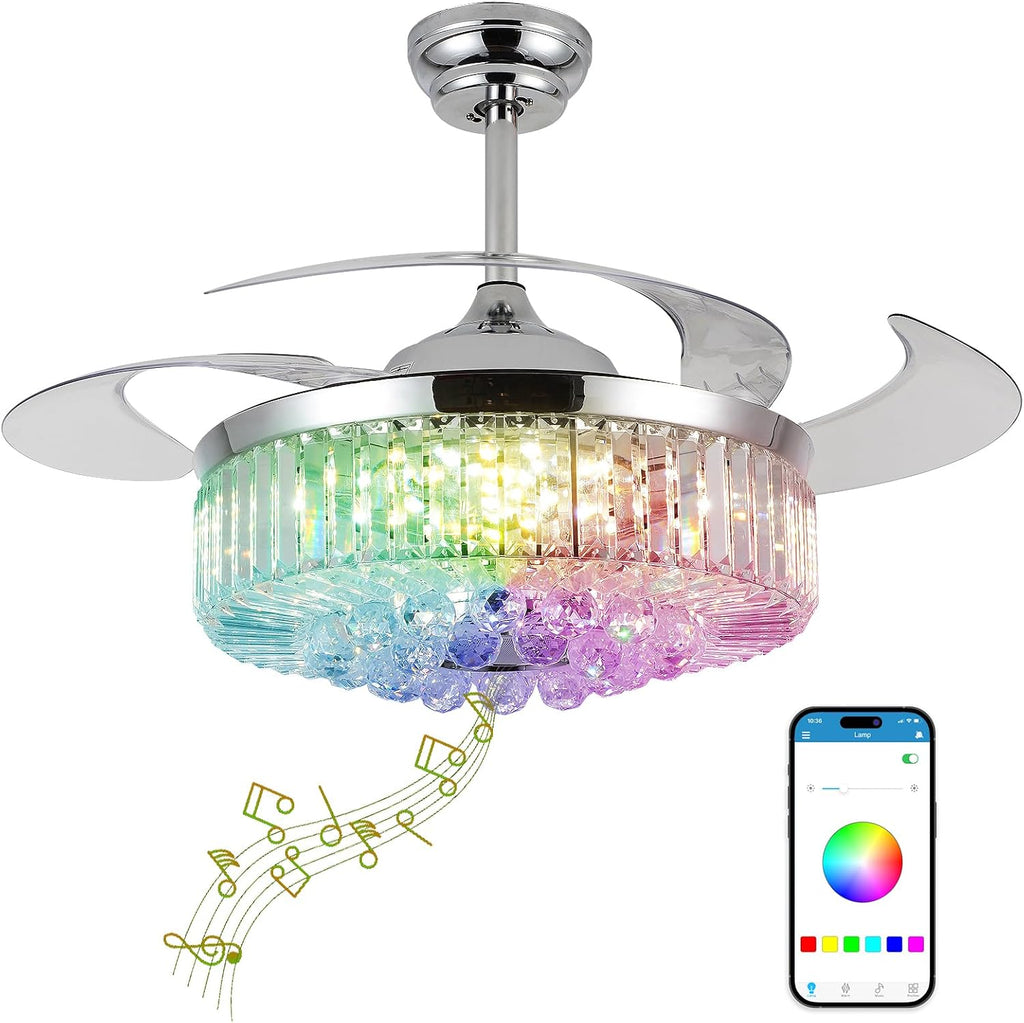 48' Fandelier Ceiling Fan with Light,Silver Retractable Ceiling Fans with Remote Control,RGB Chandelier Ceiling Fan with 6-Speed Reversible Blades,APP Control