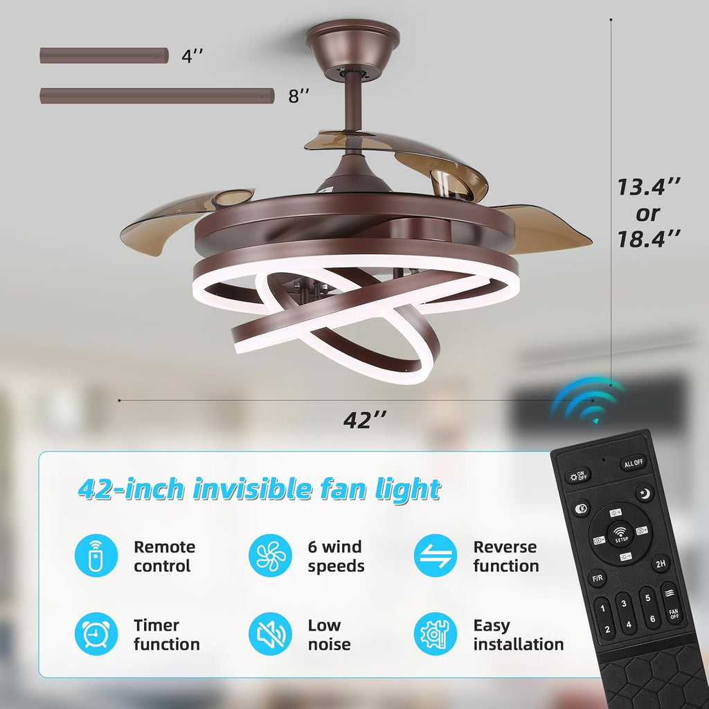 42 Inch Retractable Ceiling Fan, Fandelier Ceiling Fan with Light, Dimmable，Silent DC Motor, 6 Speeds, Brown Chandelier Ceiling Fans with Lights for Bedroom/Living Room/Kitchen/Kis Room/Patio