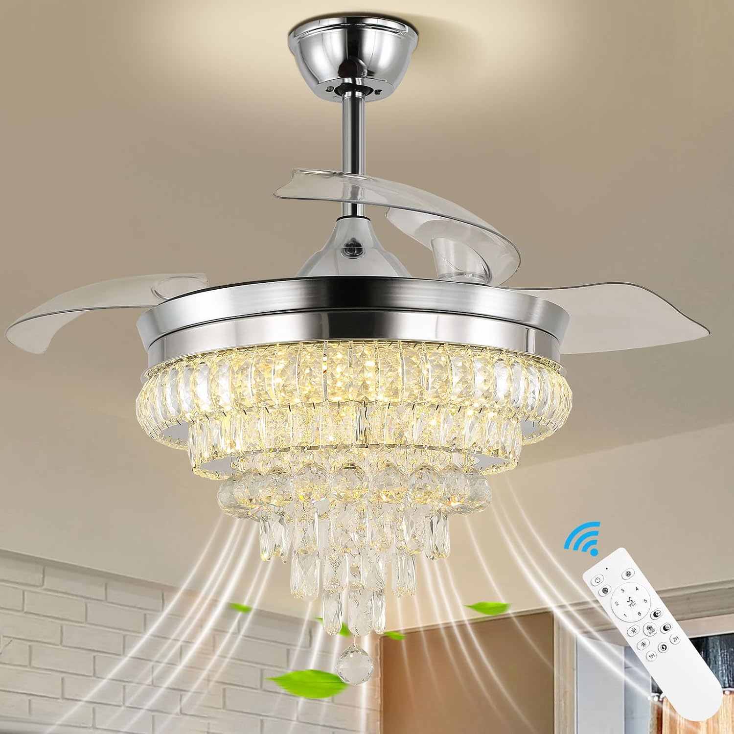 CLAIRDAI 42'' Crystal Ceiling Fan with Light, Dimmable LED Fandelier, Retractable Blades, Remote, 6-Speed Reversible, Flush Mount for Bedroom Living Room Dining Room