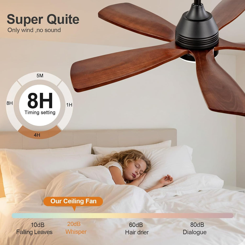 52 Inch Ceiling Fans with Lights and Remote, 5 Blades Wood Ceiling Fan with Light, Dimmable, Wall Switch, Reversible DC Motor, Modern Indoor Outdoor Ceiling Fan for Patio Bedroom