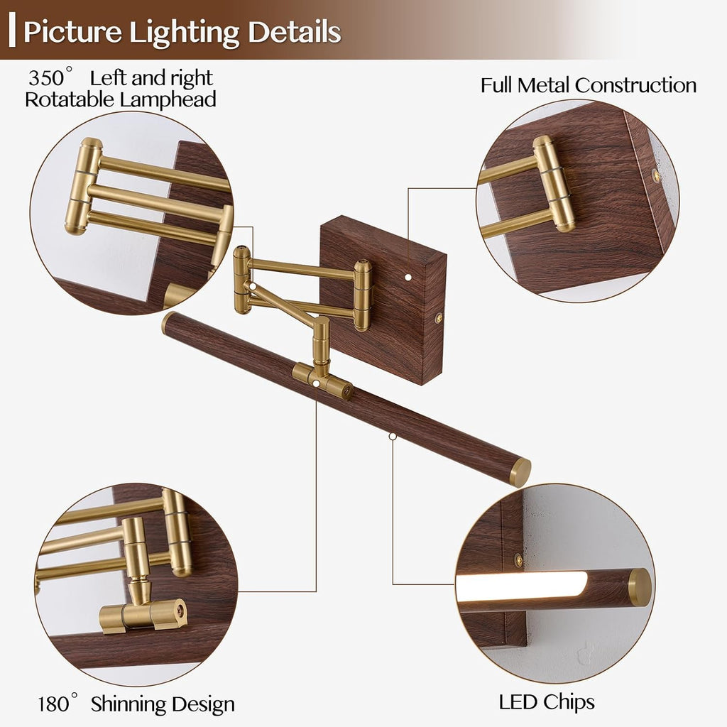 2 Pack Hardwired Dimmable LED Picture Light, Adjustable Swing Arm Wall Art Lamp, Brass Walnut Wood Finish Gallery Lighting for Painting Mirror Artwork Wall Decor