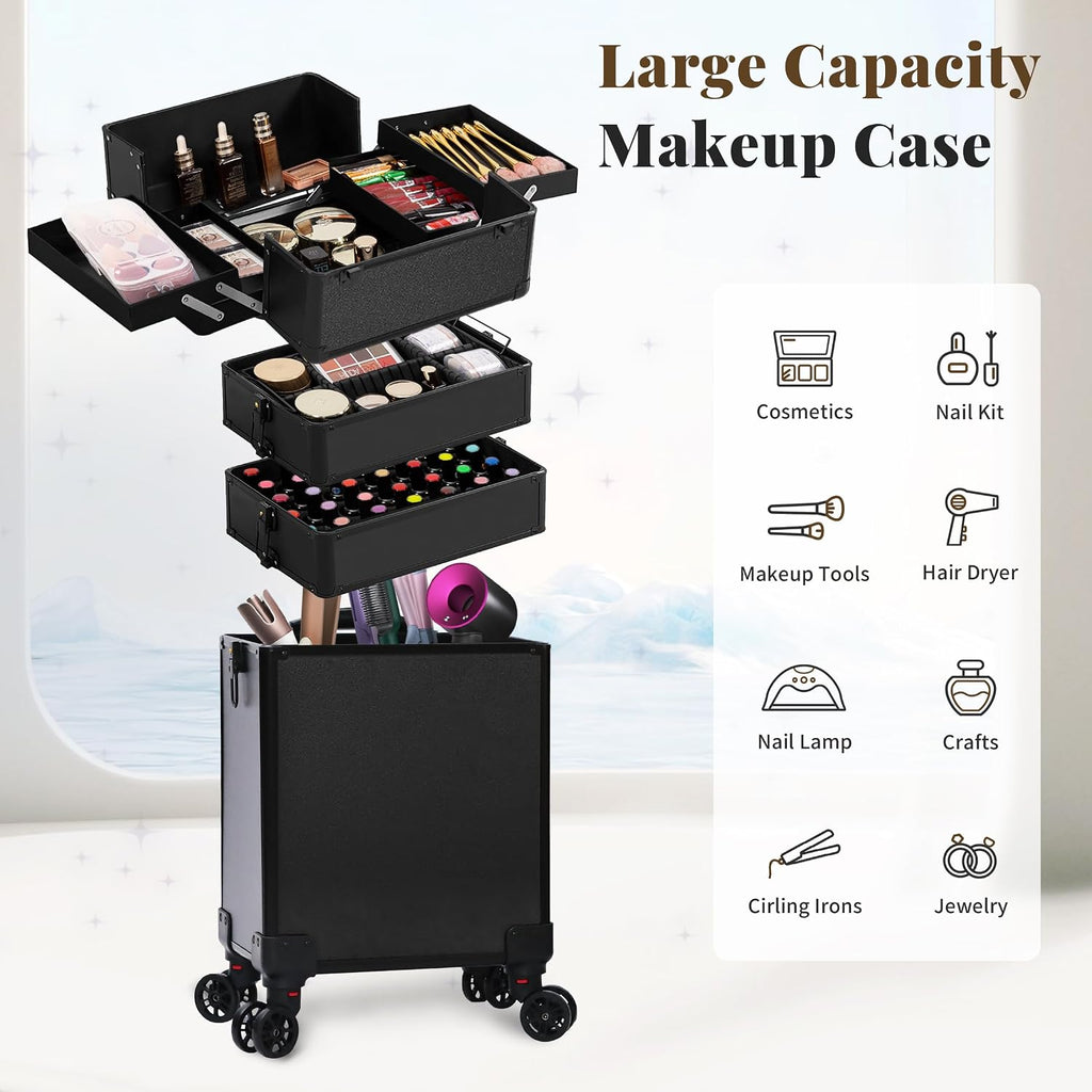 Profesional Rolling Makeup Train Case with Lid, 5 in 1 Cosmetology Case on Wheels, Large Cosmetic Trolley Organizer Travel for Hairstylist Artist Nail Beauty Salon Barber, Black