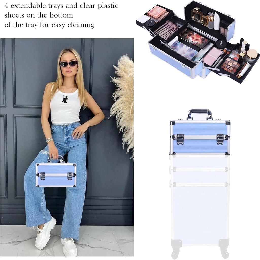 5-in-1 Rolling Makeup Train Case, Large Professional Cosmetic Trolley Organizer on Wheels with 360° Swivel Wheels, Lockable Black Aluminum Travel Case for Makeup Artists, Nail Techs & Hairstylists