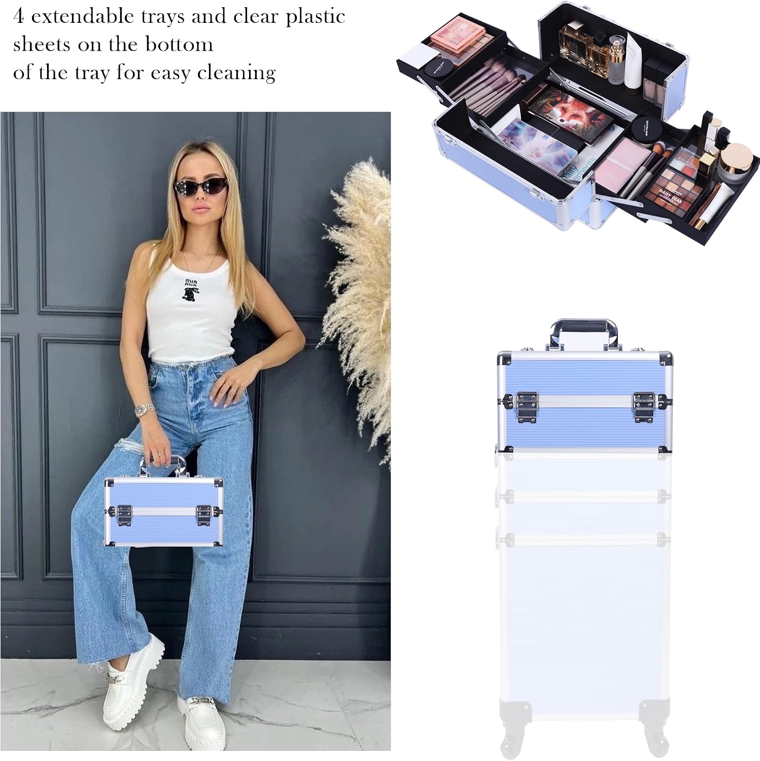 5-in-1 Rolling Makeup Train Case, Large Professional Cosmetic Trolley Organizer on Wheels with 360° Swivel Wheels, Lockable Black Aluminum Travel Case for Makeup Artists, Nail Techs & Hairstylists
