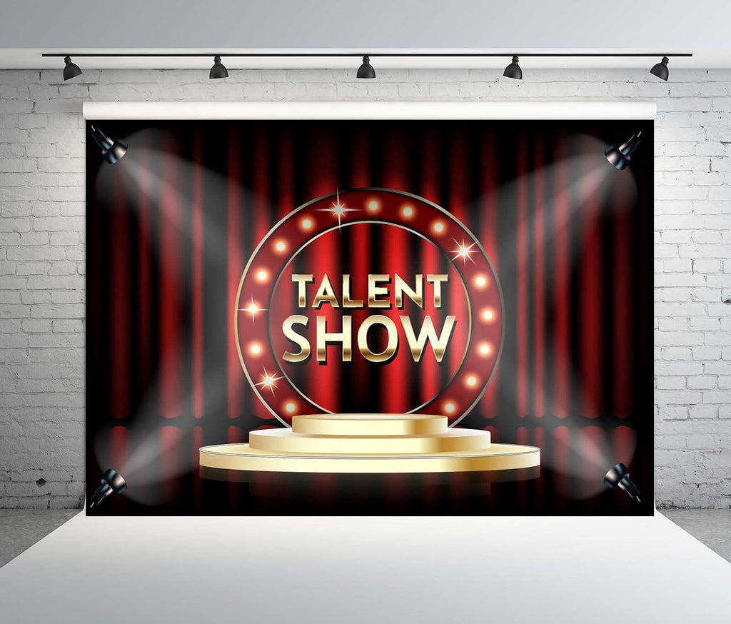 BELECO 20x10ft Fabric Talent Show Backdrop Red Stage Curtain with Spotlight Gold Stage Background Drama Play Talk Show Music Party Decorations Banner Photo Props