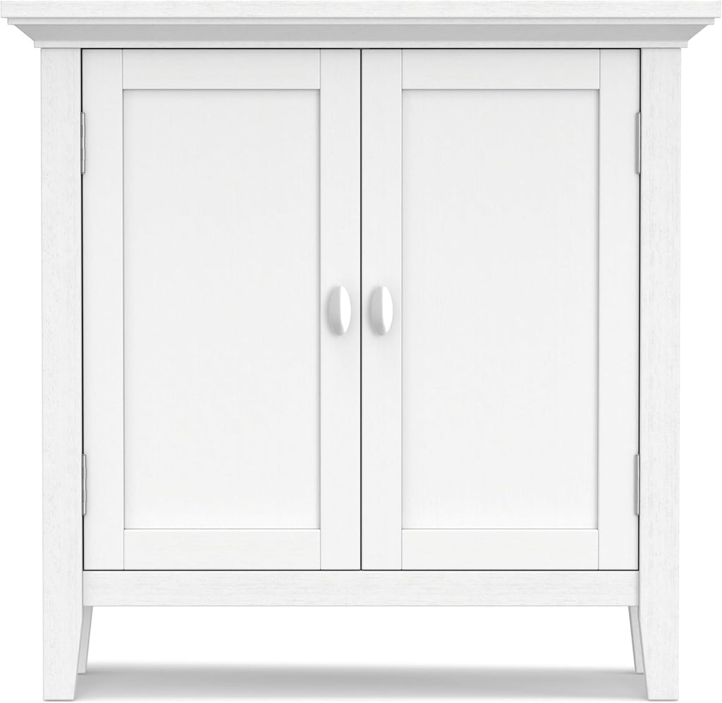 SIMPLIHOME Redmond Storage Cabinet - 32 inch Wide Solid Wood 2-Shelf Low Storage Cabinet in White, Transitional Accent Cabinet for Entryway with Adjustable Shelves and Tapered Legs