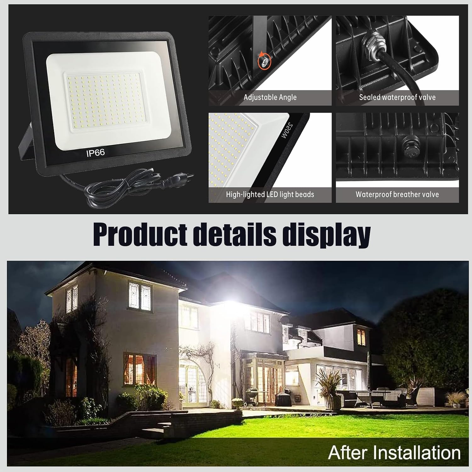 4Pack 250W LED Flood Light Outdoor,25500LM LED Work Light with US Plug,6000K Daylight White,IP67 Waterproof Outdoor Floodlights for Yard,Garden,Playground