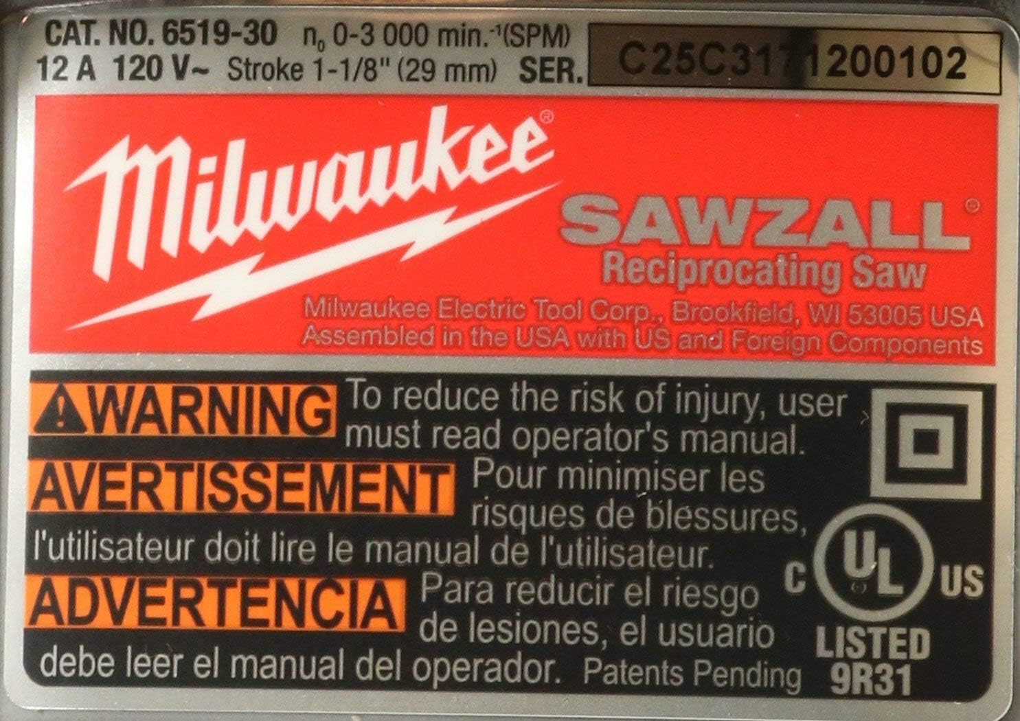 Milwaukee 6519-31 12 Amp Corded 3000 Strokes Per Minute Reciprocating Sawzall w/Variable Speed Trigger (Renewed)