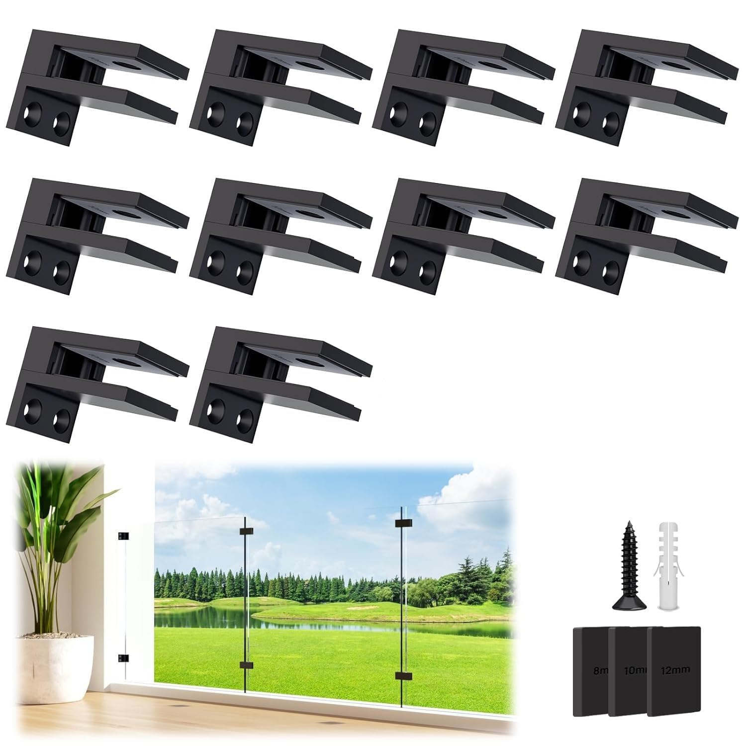 LukLoy 10 Pack Wall to Glass Clamp, Matte Black 304 Stainless Steel Glass Railing Clamp for 5/16' to 1/2' Thick Panels, No Drill Brakcet Clips for Balustrade Railing Pool Fence (10, F Shape)