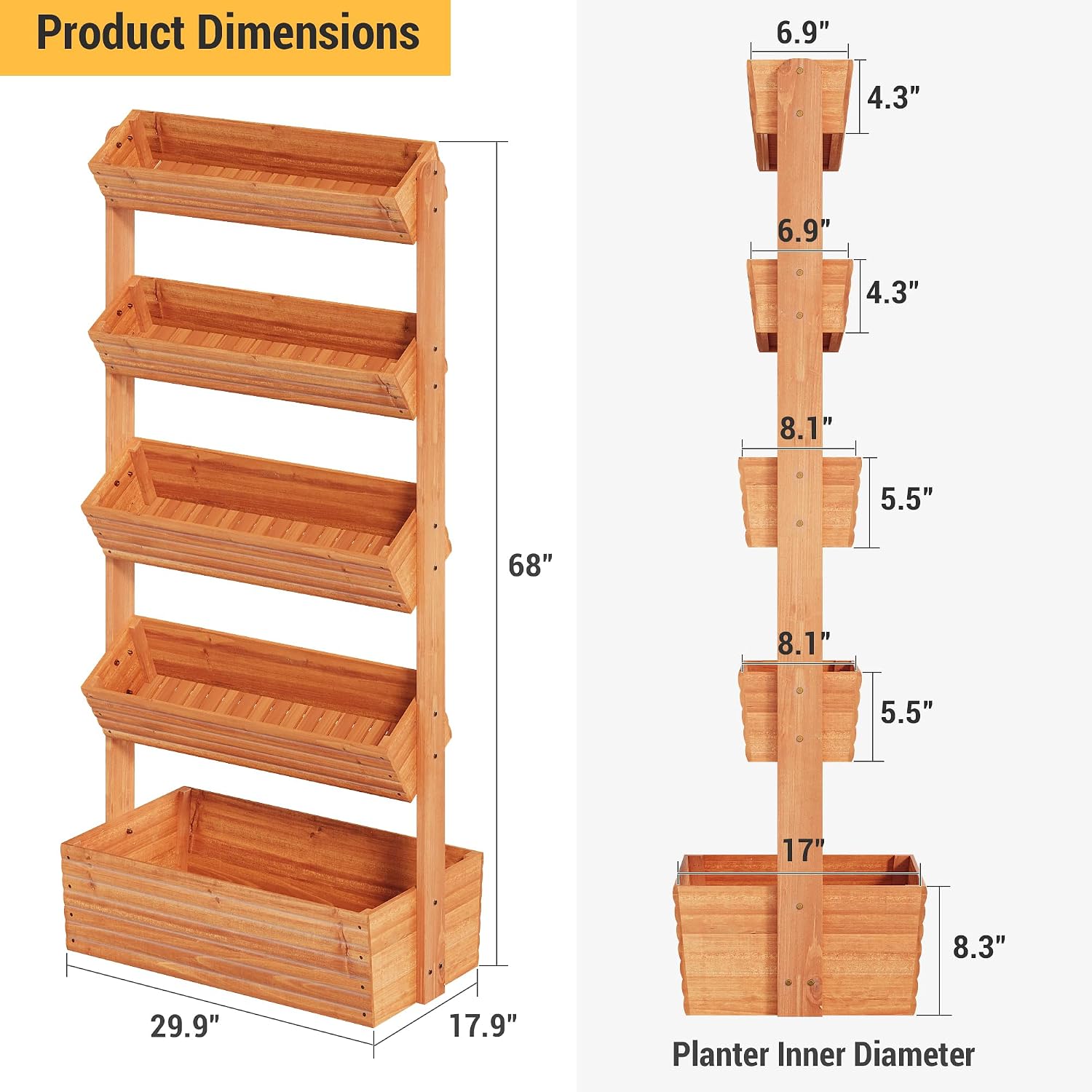 Vertical Wooden Raised Garden Bed Planters Wood Planter Kit Plant Stand Flower Rack Planter Box Gardening for Plants Herbs Flowers Vegetables Outdoor Indoor Freestanding (Orange 5-Tier)