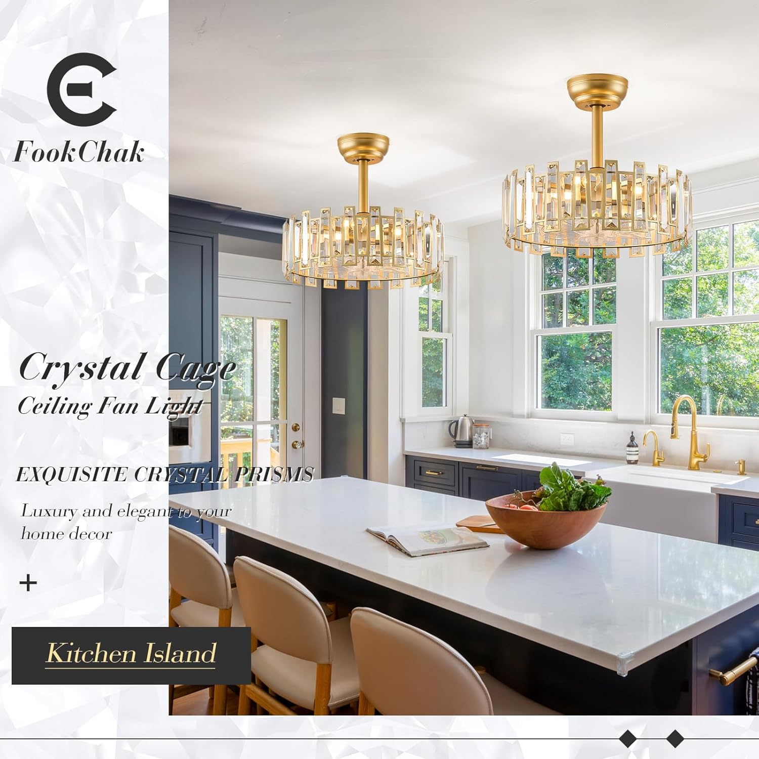 Gold Caged Ceiling Fans with Light, Brass Ceiling Fan Light with Remote Control Modern Crystal Chandelier with Fan 18' Semi-Flush Mount Fandeliers for Bedroom Dining Room Living Room Kitchen