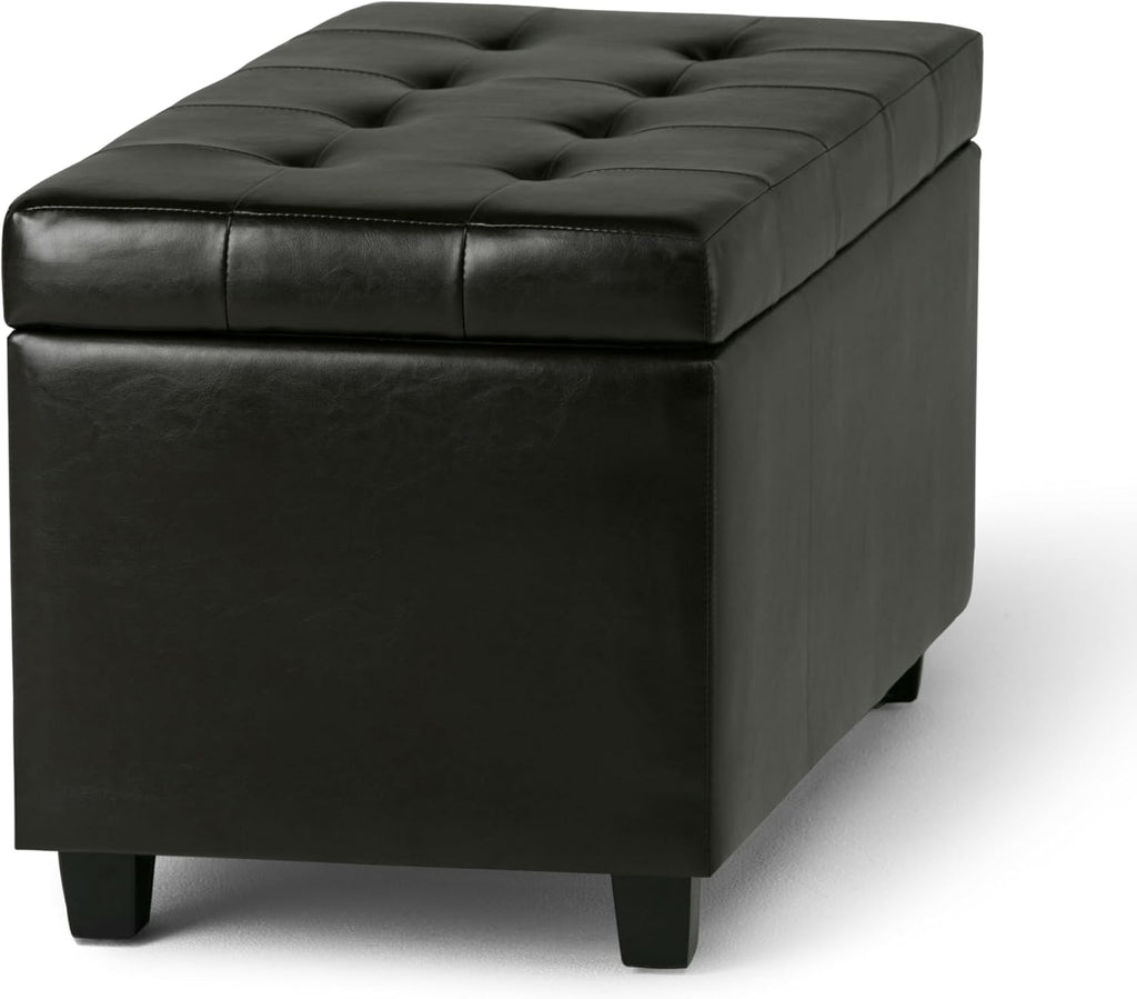 SIMPLIHOME Cosmopolitan Storage Ottoman - 34 inch Wide Upholstered Vegan Leather Rectangle Storage Ottoman Bench in Tanners Brown, Transitional Tufted Ottoman for Living Room with Lift-Up Lid