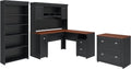 Bush Home Fairview 60W L Shaped Desk with Hutch, Lateral File Cabinet and 5 Shelf Bookcase in Antique Black and Hansen Cherry