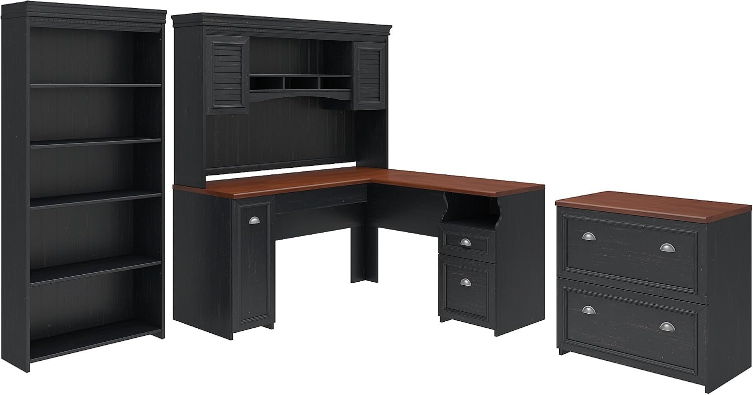 Bush Home Fairview 60W L Shaped Desk with Hutch, Lateral File Cabinet and 5 Shelf Bookcase in Antique Black and Hansen Cherry