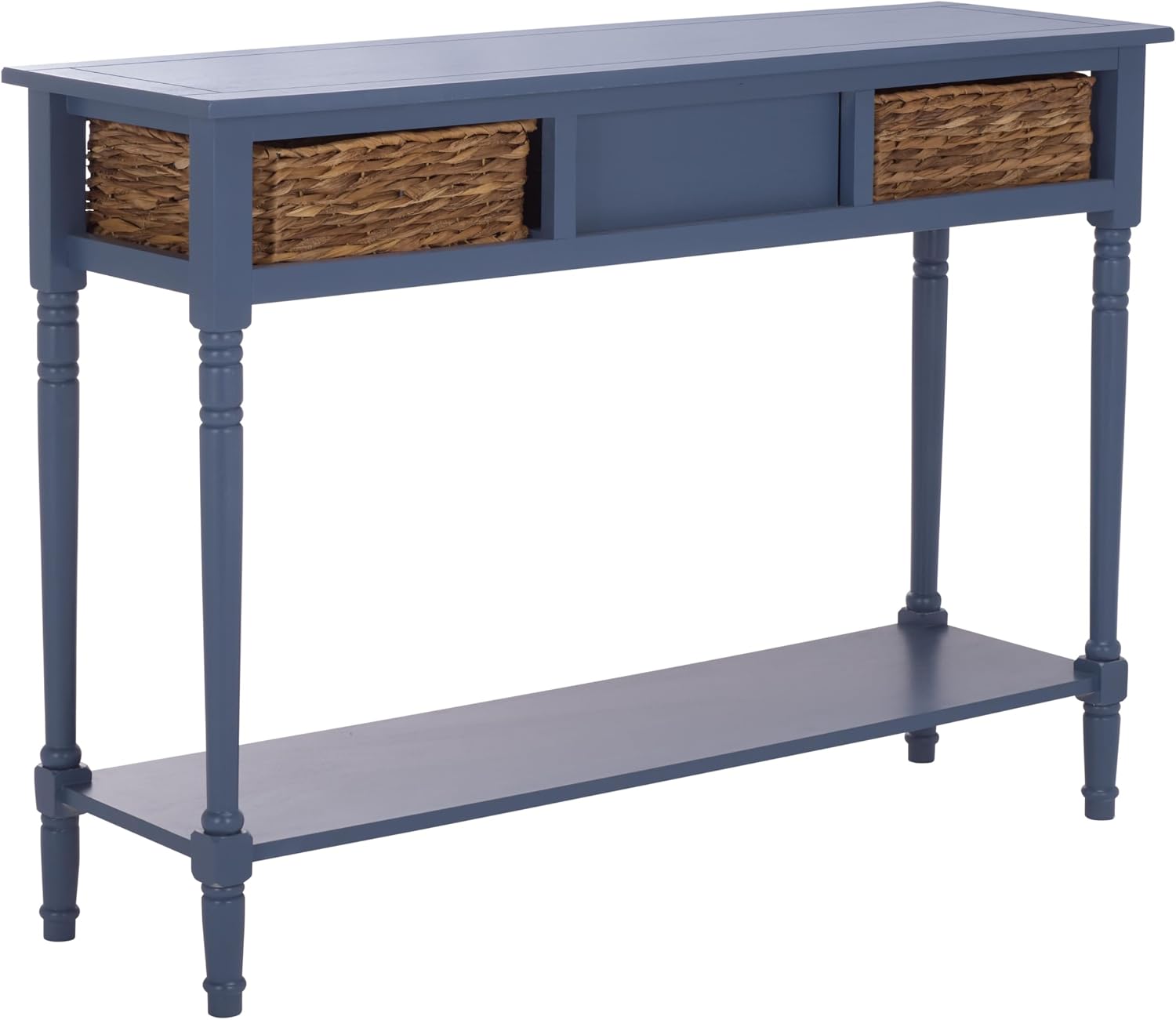 SAFAVIEH Home Collection - Christa Entryway Console Table, Blue Solid Wood 3-Drawer Storage Sofa Table with Rattan Baskets (AMH5737H)