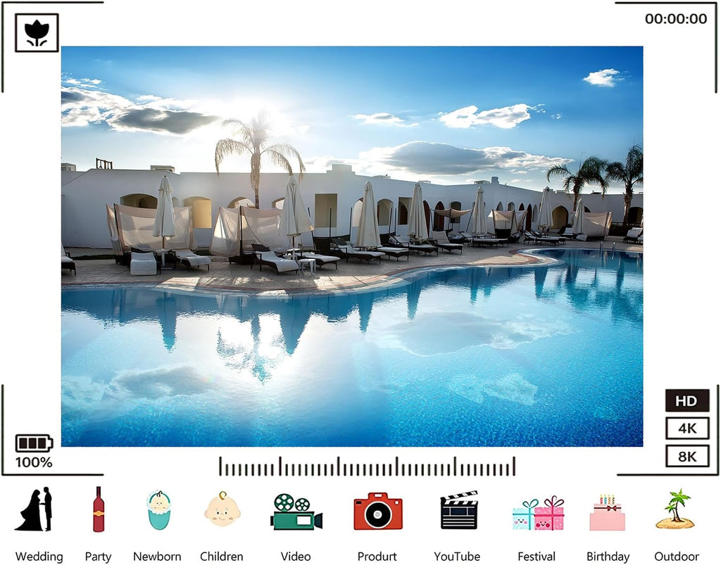 Trykid 20x10ft Tropical Resort Pool Backdrop White Cabanas Palm Trees Clear Blue Sky Photography Background Summer Vacation Luau Party Decoration Photo Booth Prop Fabric