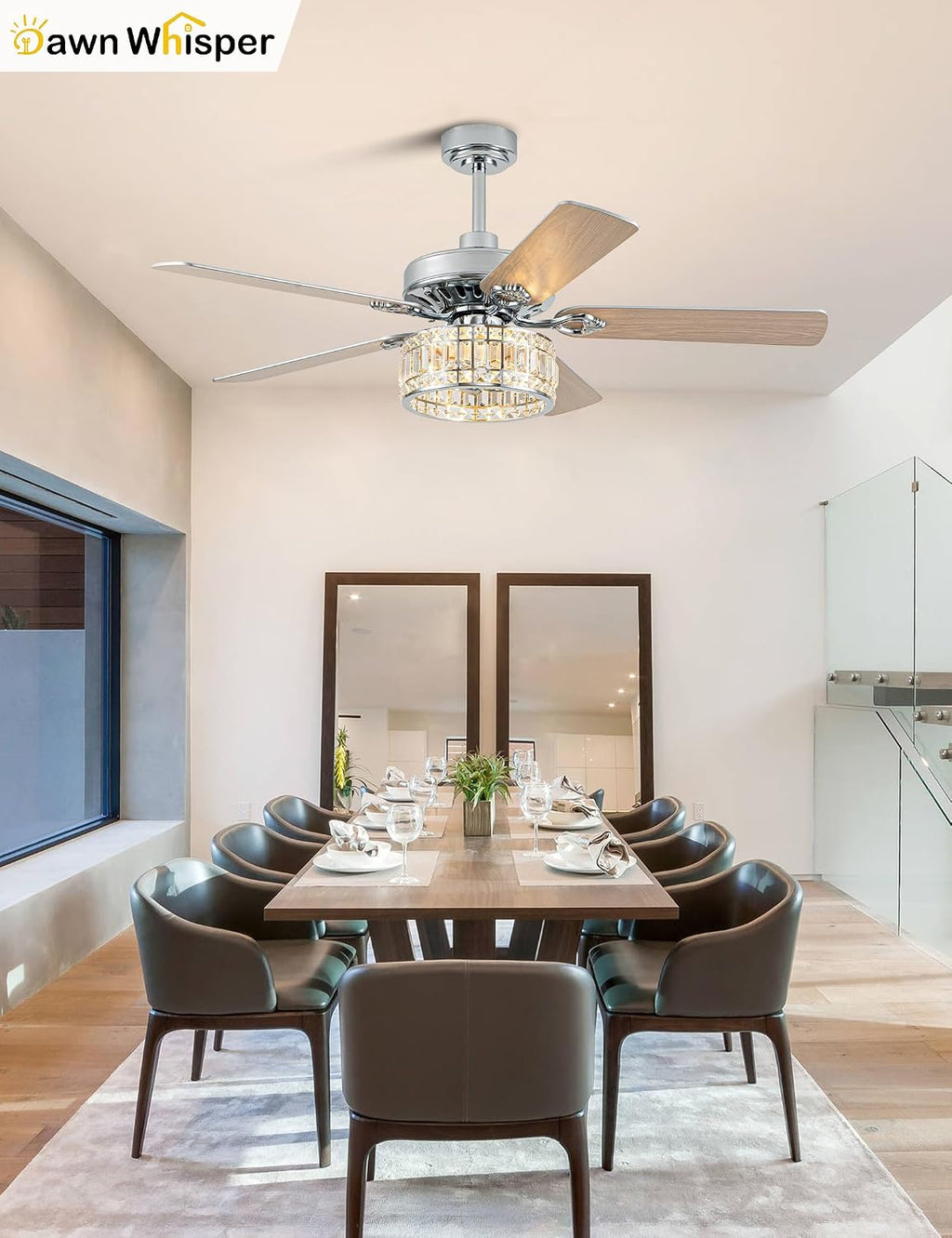 Dawn Whisper 52 Inch Modern Ceiling Fans with Lights Low Profile Fandelier Ceiling Fan with Light for Living Room Bedroom Kitchen Crystal Chandelier Fan Quiet Reversible DC Motor 6 Speeds Silver