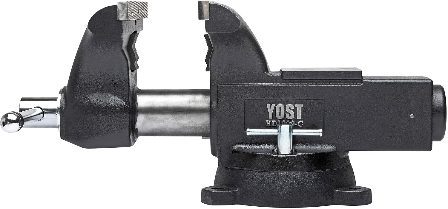 Yost HD1000-C Heavy Duty 10-Inch Mechanics Work Bench Vise | Heavy Duty Woodworking & Metal Work Table with Secure Grip Swivel Base | 60,000 PSI Casting Iron Material with Extra-large Anvil Surface