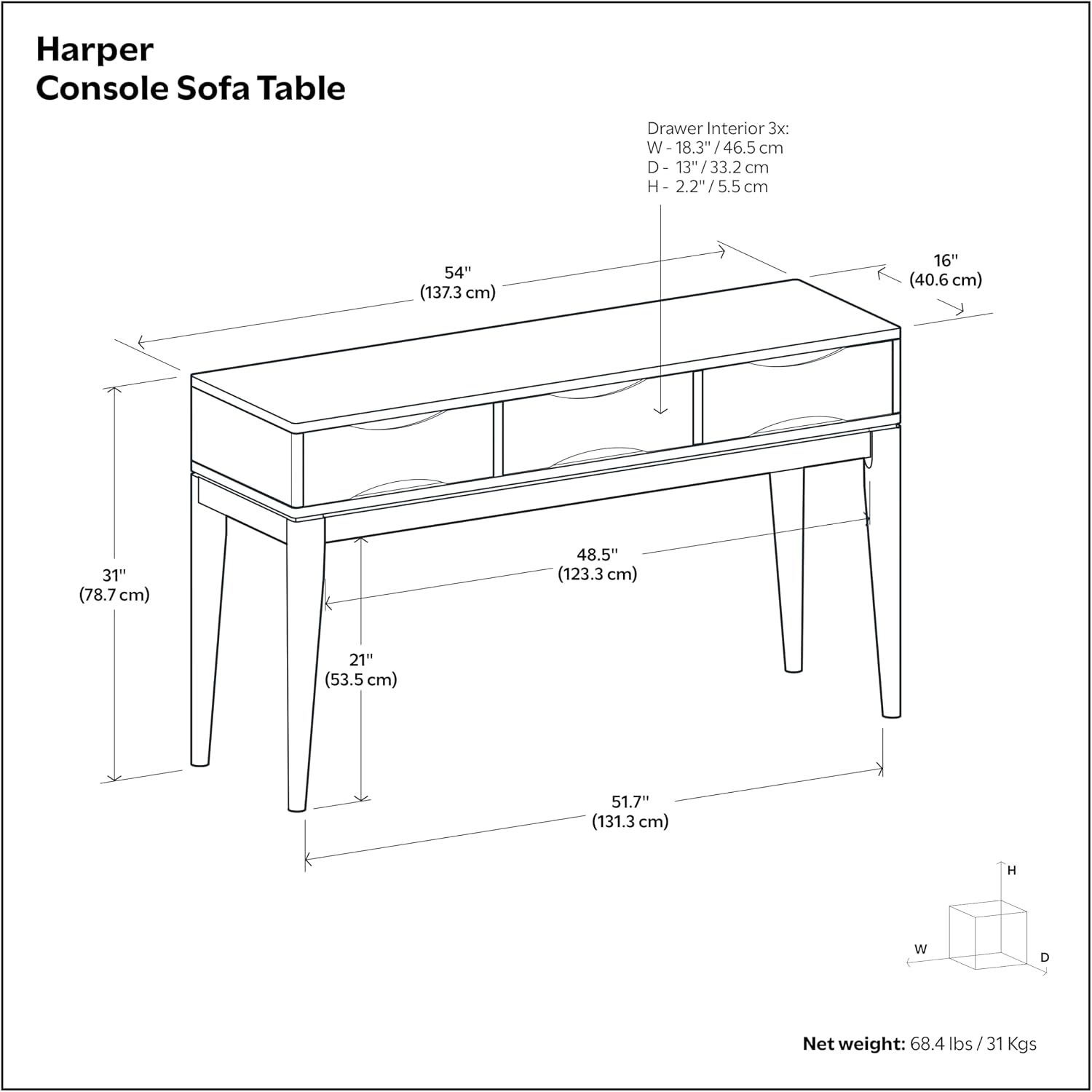 SIMPLIHOME Harper Console Table - 54 Inch Wide Solid Hardwood Sofa Table in Teak Brown, Mid-Century Modern Storage Table for Entryway or Living Room with 3 Drawers, Notched Handles, and Tapered Legs