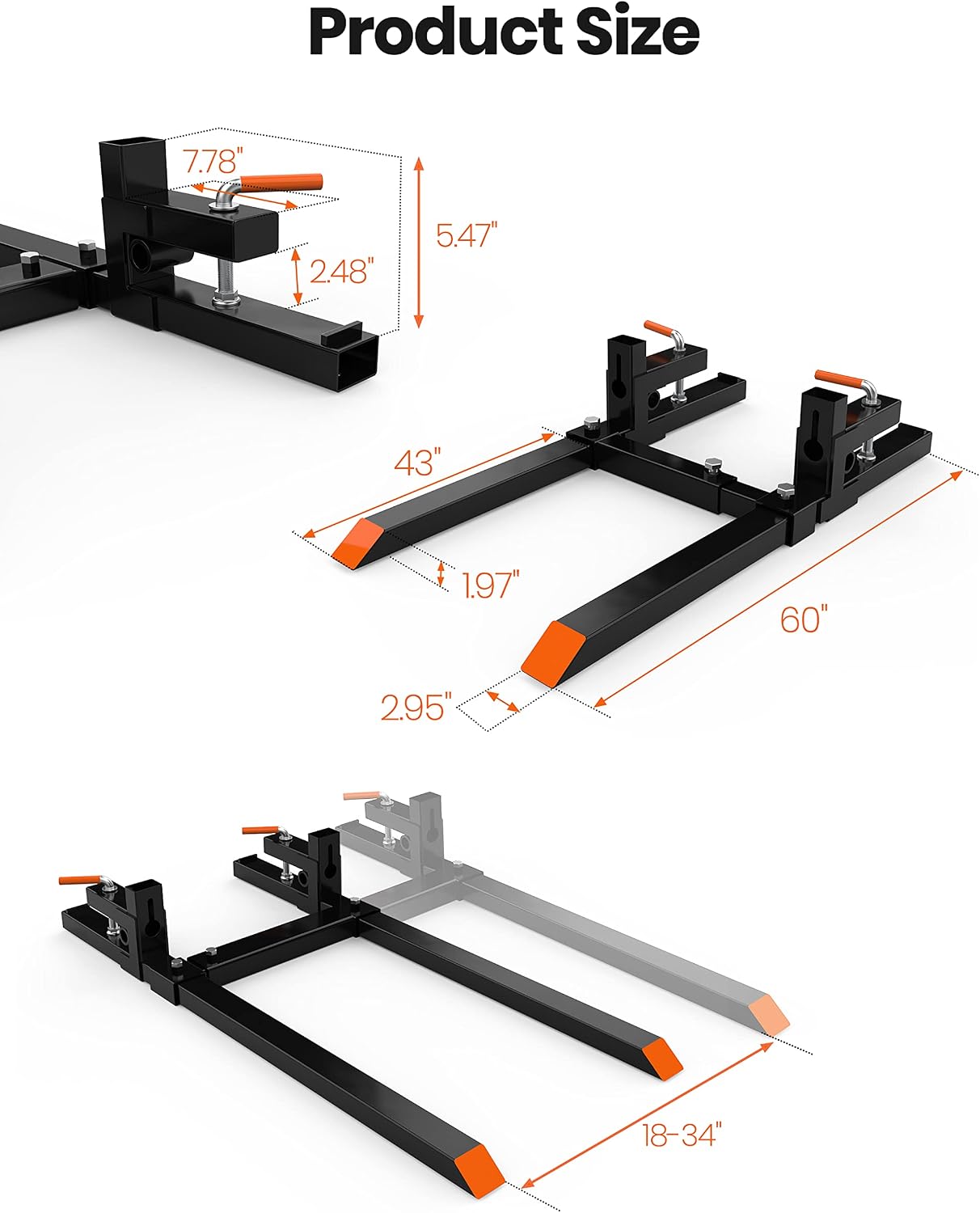 GAOMON Heavy Duty Clamp-On Pallet Forks for Tractor Buckets 60 Inch Pallet Forks, 2000 lbs Capacity gaoAdjustable Stabilizer Bar, Compatible with Skid Steers, Loaders, Compact Tractors