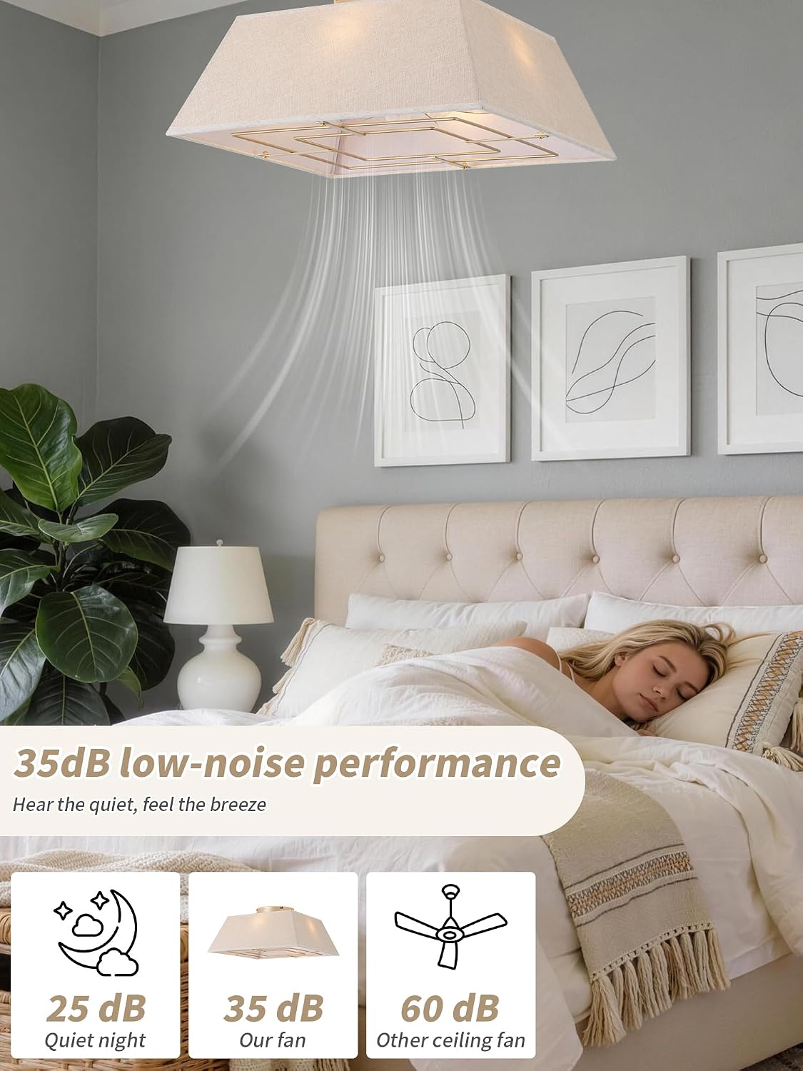 20' Boho Ceiling Fans with Lights Flush Mount, Bladeless Ceiling Fan with Light Remote Control, Square with 6 Speeds for Bedroom, Living Room, Nursery (Yellow)