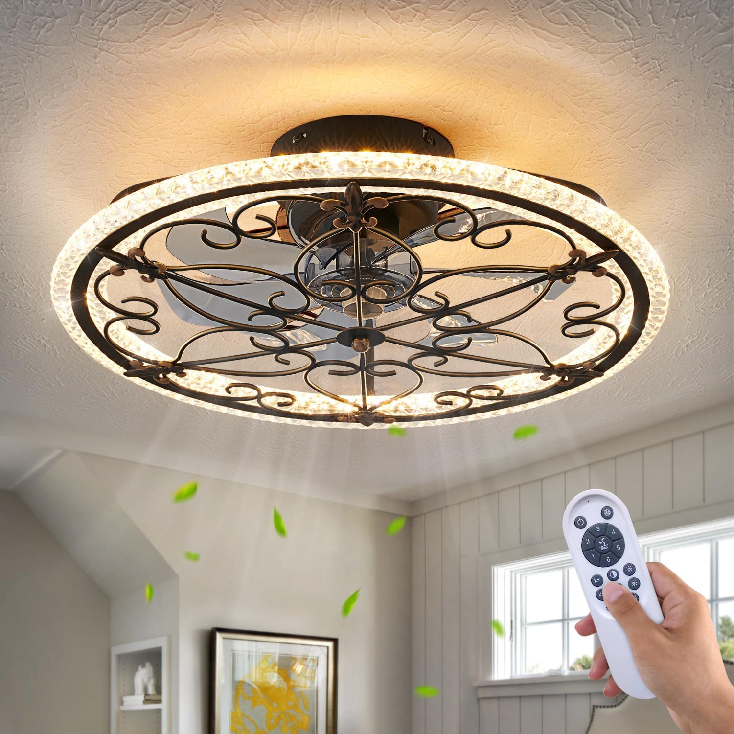 Caged Ceiling Fan with Lights Remote Control, 6 Speeds 3 Color Farmhouse Industrial Ceiling Fan with Light for Kitchen Bedroom Living Room