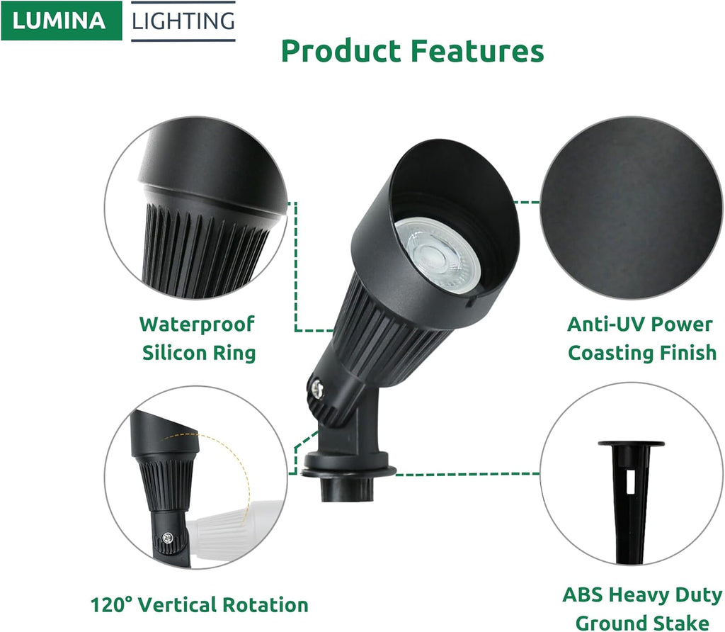 Lumina Lighting® 5W Landscape Lighting 12V Landscape Lights Low Voltage Landscape Spotlights Warm White Waterproof Outdoor Replaceable LED Bulb for Garden,Lawn,Porch,Patio and Yard (Black) (6-Pack)