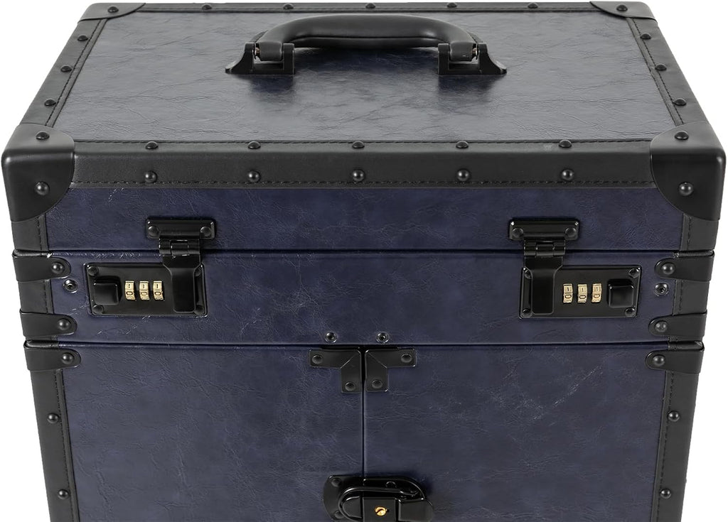Makeup Case Trolley, Rolling Makeup Case with 4 Universal Wheels Large Professional Cosmetology Case with Sliding Drawer & Keys Multi-functional Cosmetic Train Case Trolley Storage Case Blue