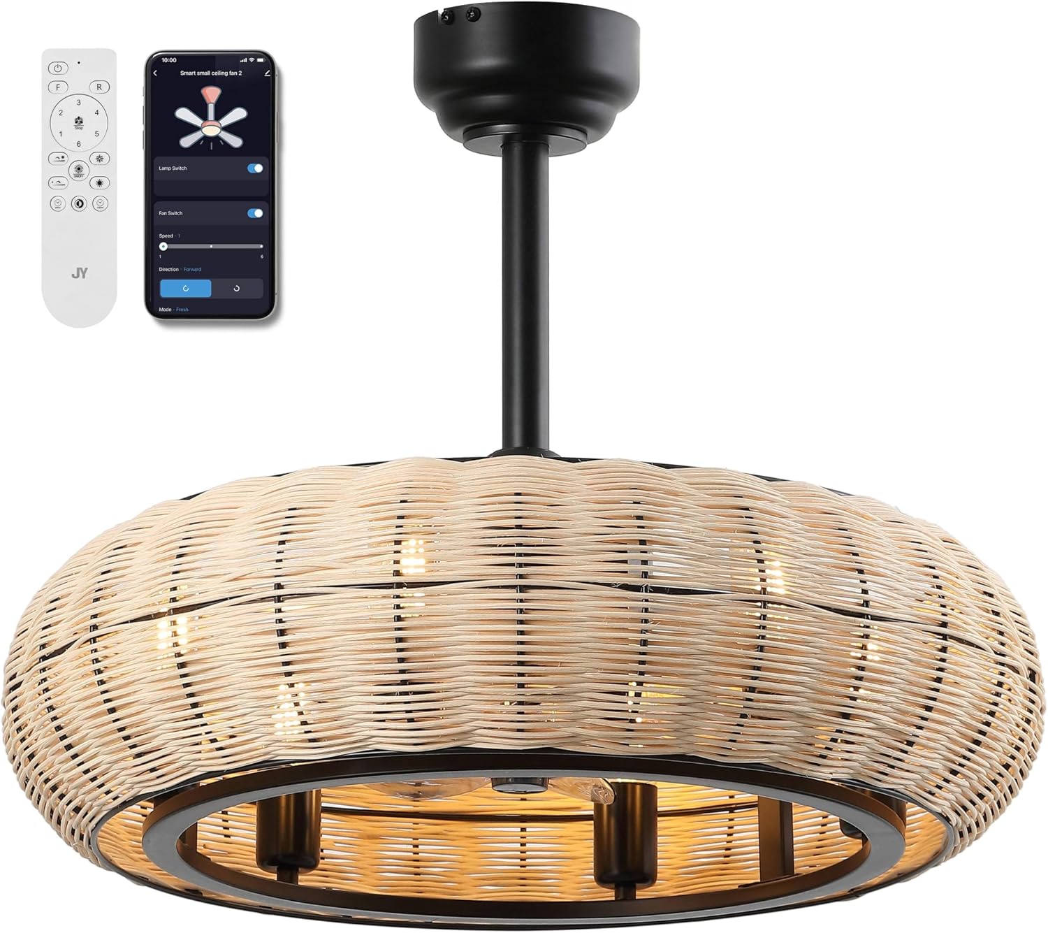 JONATHAN Y 23' Light Brown/Black 6-Light Modern Bohemian Ceiling Fan with Lights, 6-Speed Remote and App Control, Height Adjustable LED Lantern with Dark Brown Rattan Shade for Living Room (JYL9728B)