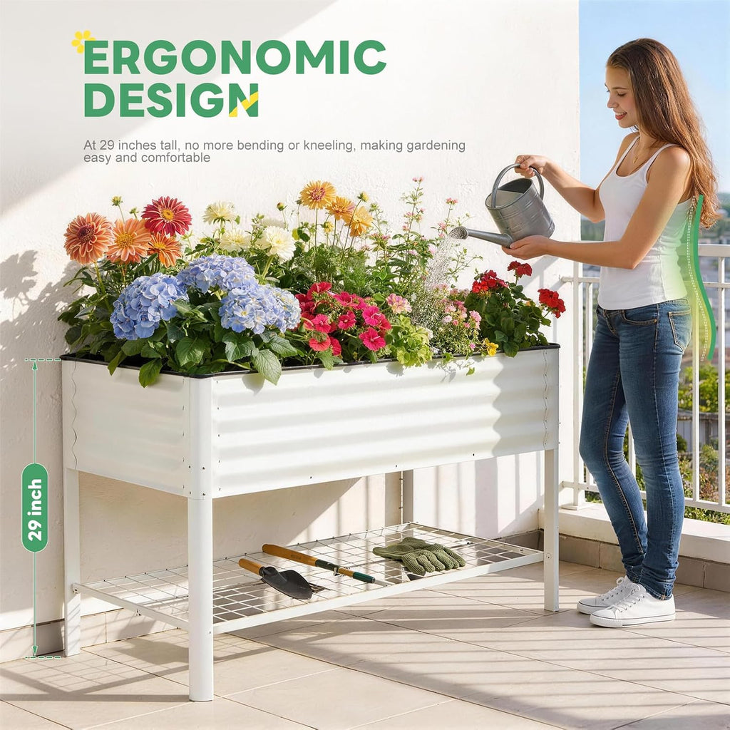 Elevated Raised Garden Bed with Legs - 48''x24''x32'' Galvanized Metal Standing Planter Boxes Outdoor with Bottom Storage Shelf for Backyard, Patio, Balcony, Vegetables, Flowers, White