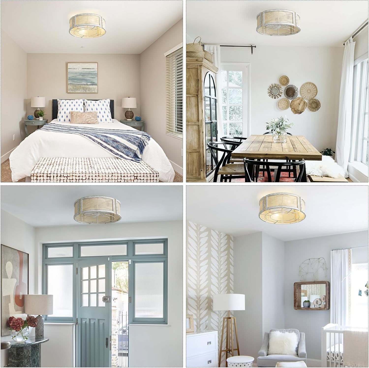 20' Boho Ceiling Fans with Lights, Rattan Ceiling Fans with Lights Remote Control, Flush Mount with 6 Speeds for Bedroom, Nursery, Living Room