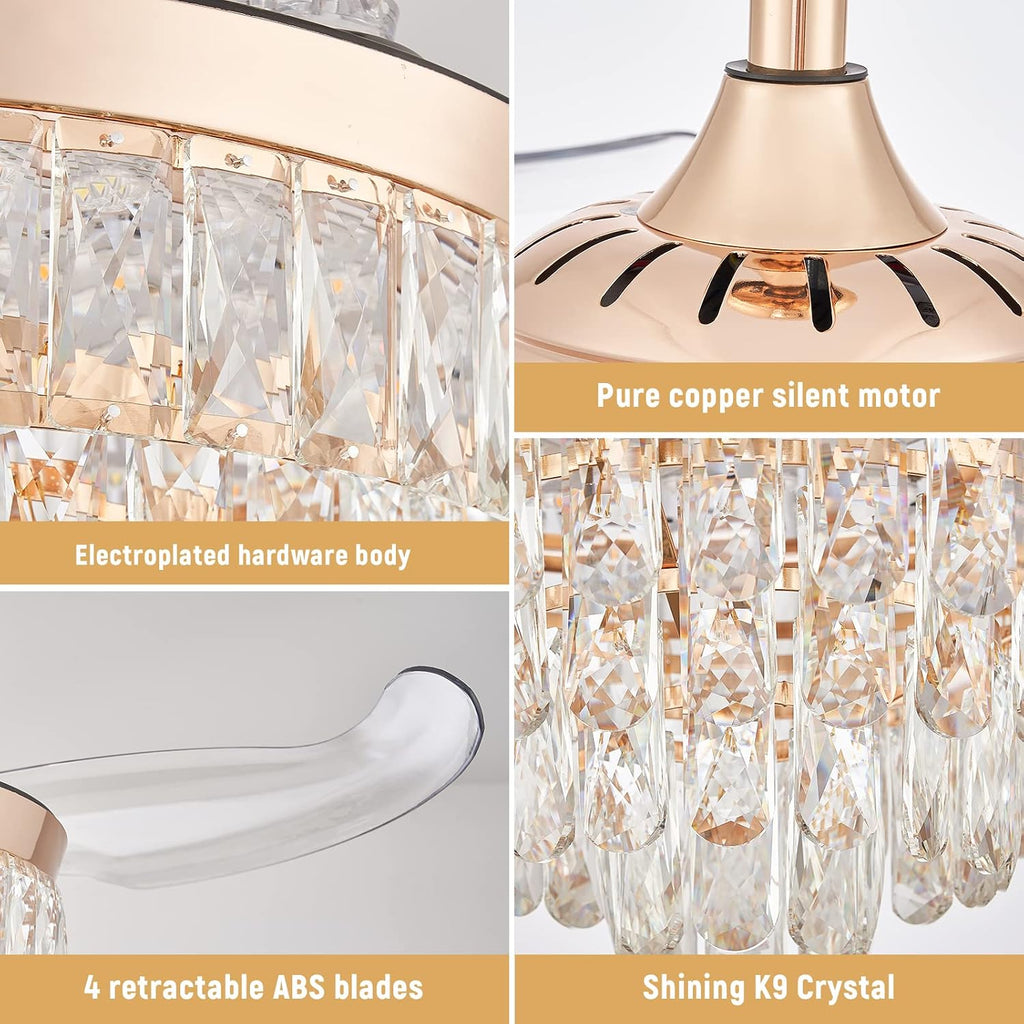 CLAIRDAI 42'' Crystal Fandelier Ceiling Fan with Lights, Dimmable LED Fan with Retractable Blades, Remote, 6-Speed Reversible, Semi Flush Mount for Bedroom Dining Room
