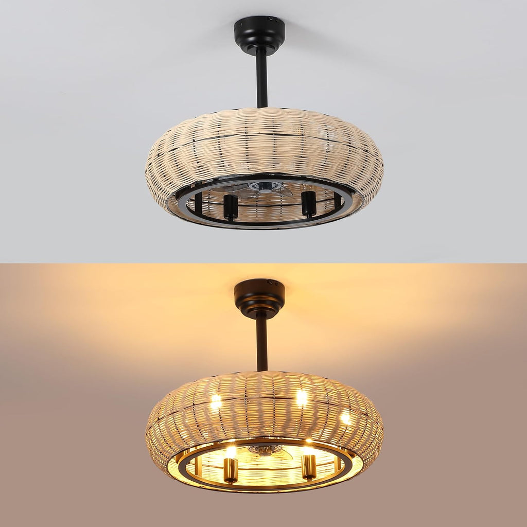 JONATHAN Y 23' Light Brown/Black 6-Light Modern Bohemian Ceiling Fan with Lights, 6-Speed Remote and App Control, Height Adjustable LED Lantern with Dark Brown Rattan Shade for Living Room (JYL9728B)