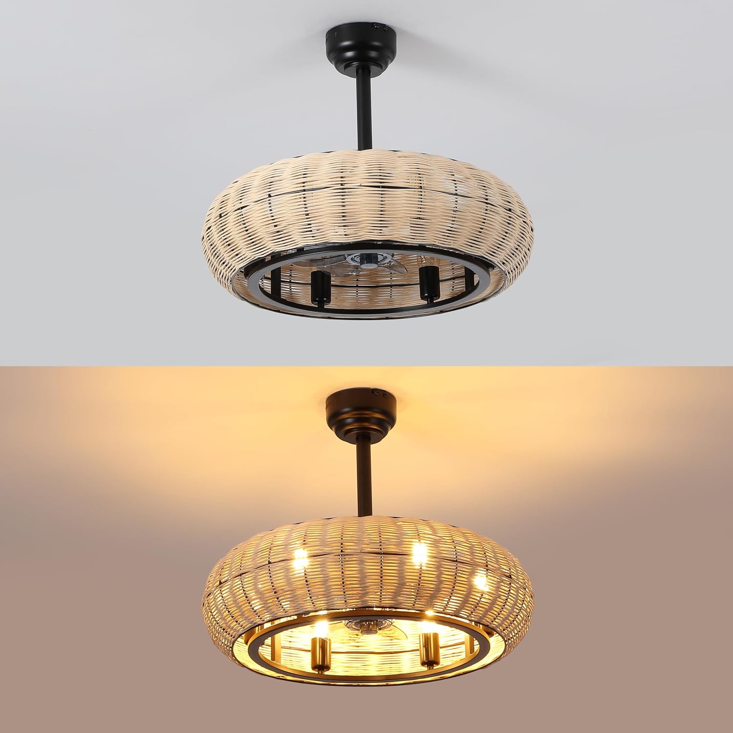 JONATHAN Y 23' Light Brown/Black 6-Light Modern Bohemian Ceiling Fan with Lights, 6-Speed Remote and App Control, Height Adjustable LED Lantern with Dark Brown Rattan Shade for Living Room (JYL9728B)