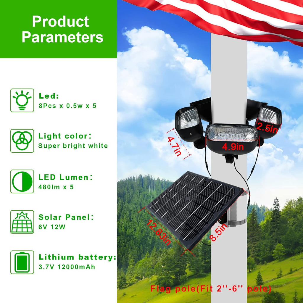 Solar Flag Pole Light for 15-40ft Flagpole, 5 Super-Spotlights | 12000 MAH, Adjustable Clamps Fits 2-6'' Diameter Inground Flag Poles Coverage, Light Up American Flag Outdoor from Dusk to Dawn