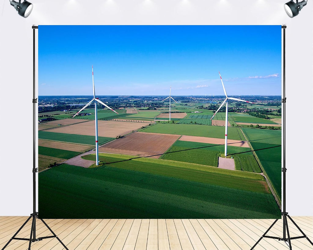 Trykid 20x10ft Wind Turbine Farm Backdrop Green Patchwork Fields Clear Blue Sky Renewable Energy Scene Photography Background Eco Themed Party Decoration Photo Booth Prop Fabric