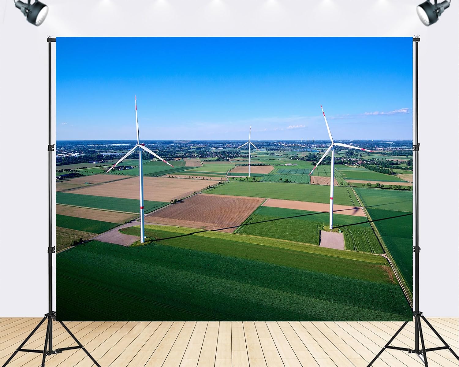 Trykid 20x10ft Wind Turbine Farm Backdrop Green Patchwork Fields Clear Blue Sky Renewable Energy Scene Photography Background Eco Themed Party Decoration Photo Booth Prop Fabric