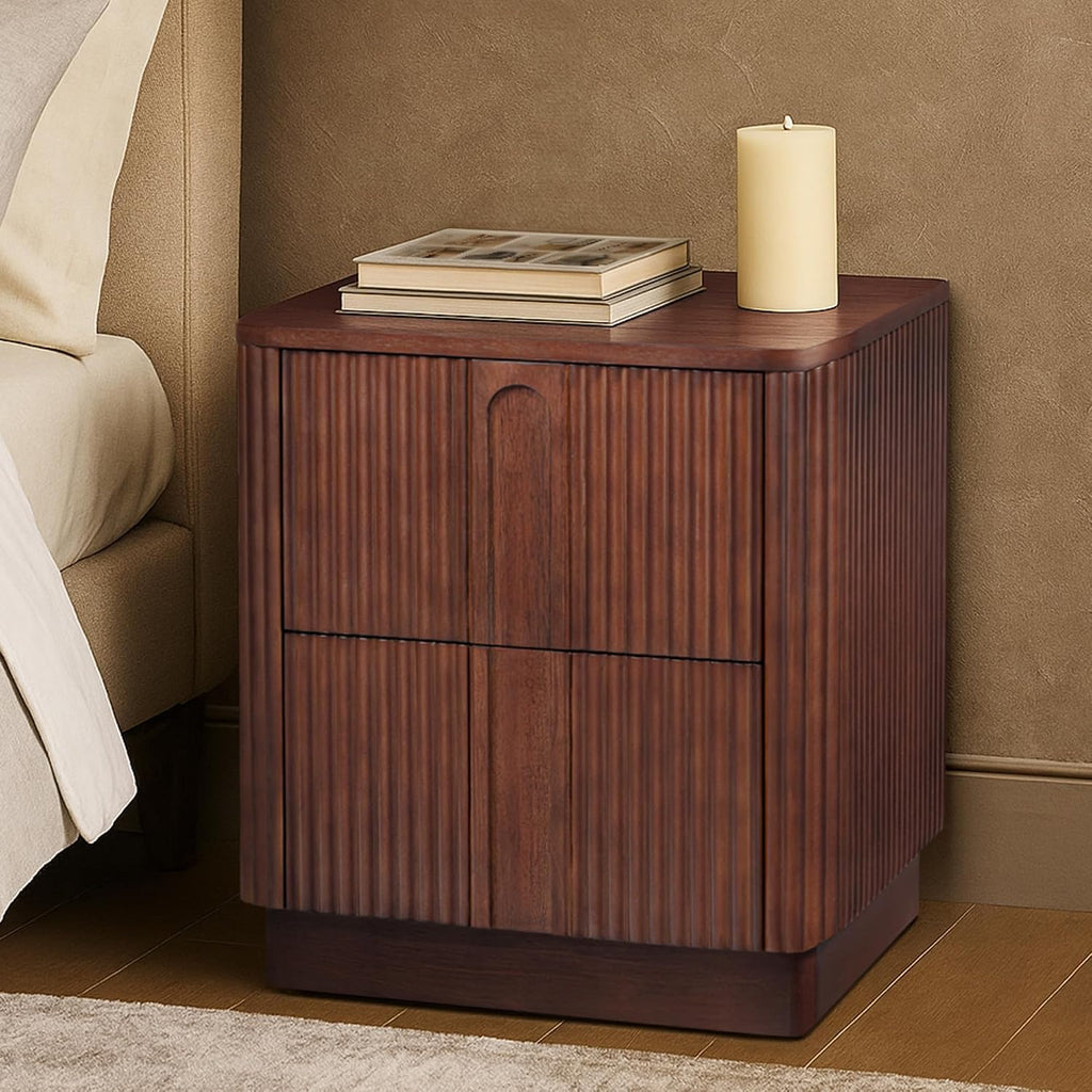 Teamson Home 20'' W Modern Storage 2-Drawer Push to Open Nightstand with Solid Wood Frame, Bedside Table Bedroom Furniture with Reeding Pattern in Scandinavian Style, Walnut